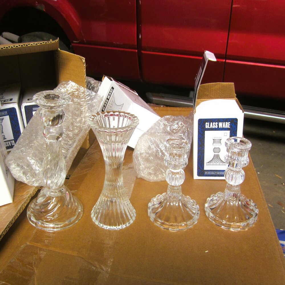 CLEAR GLASS CANDLE HOLDERS, FOR TAPERED CANDLES, SET OF 8 MIXED